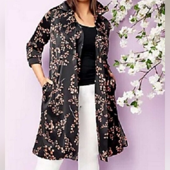 J Jason Wu Women's Woven Printed Lightweight Satin Floral Trench, Black Pink XL - Picture 1 of 9